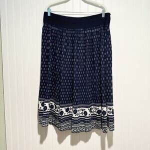 Andi James Navy Blue Floral Pleated Midi Skirt Size XL